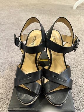 Michael Kors Black Leather Crisscross Wedge Sandals with Ankle Buckle